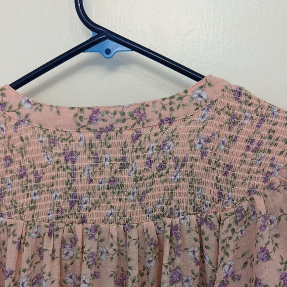 Vintage Nanette Lepore Pink Floral Womens Blouse Large Smocked Tassel Boho Y2K - Picture 5 of 10